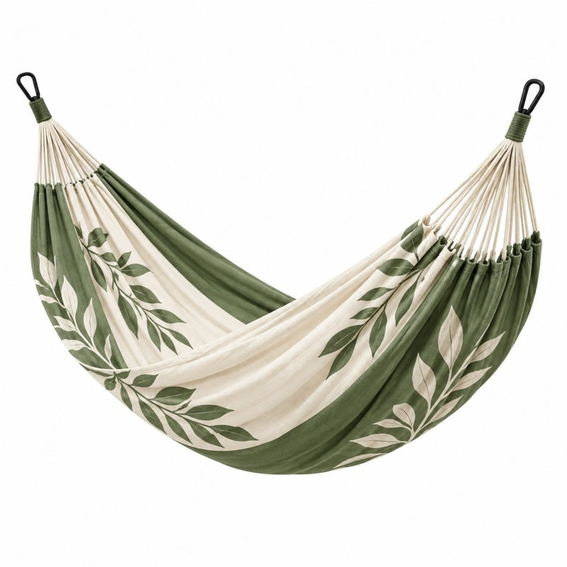 Amaca 200 x 150 cm in tessuto verde e crema con motivo foglie per giardino