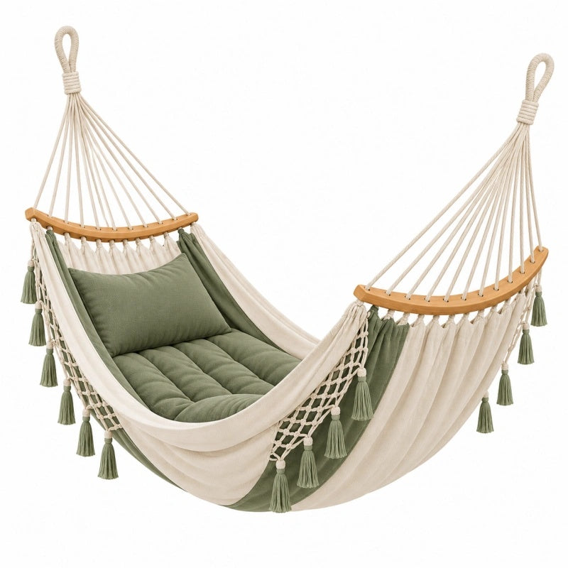 Amaca 200 x 100 cm in cotone beige e verde con barre in legno stile boho