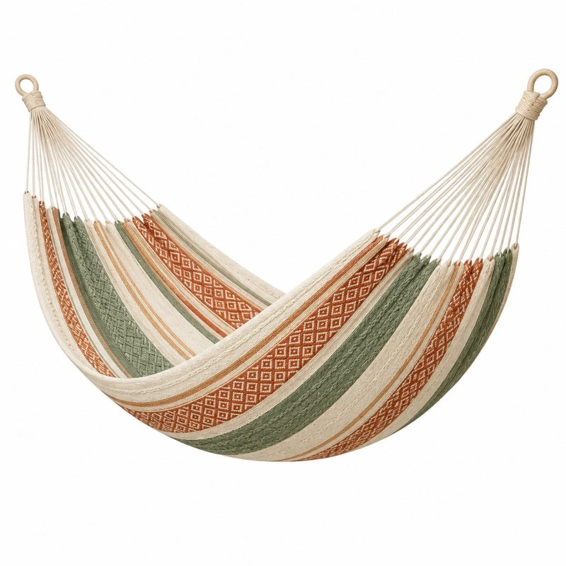 Amaca sospesa 200 x 150 cm in cotone verde sabbia terracotta con tessuto a righe