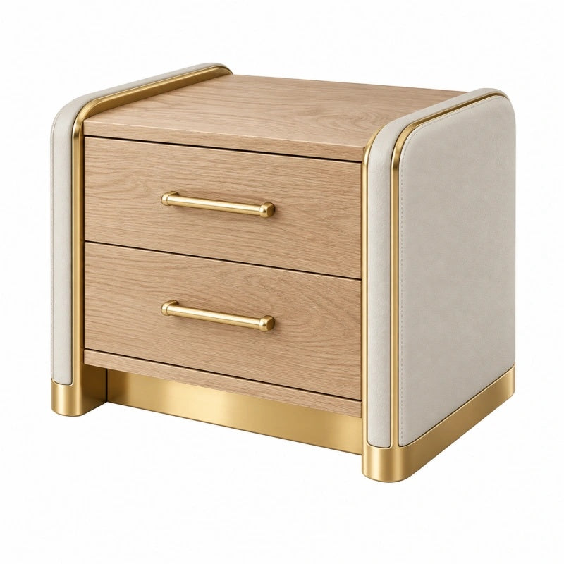 Comodino 60 x 45 x 58 cm effetto legno beige con dettagli dorati - due cassetti stile moderno