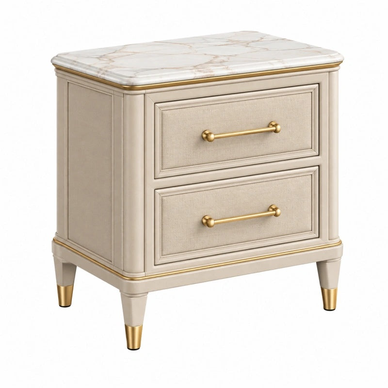 Comodino 60 x 45 x 65 cm con 2 cassetti in legno beige e piano effetto marmo stile classico