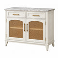Credenza 100 x 45 x 90 cm in legno bianco con piano effetto marmo e ante in rattan stile classico