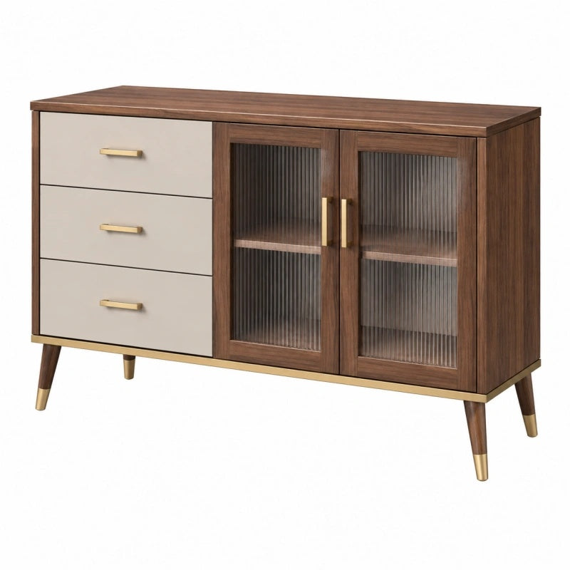 Credenza 140 x 40 x 85 cm in legno marrone e beige con vetro scanalato - stile moderno