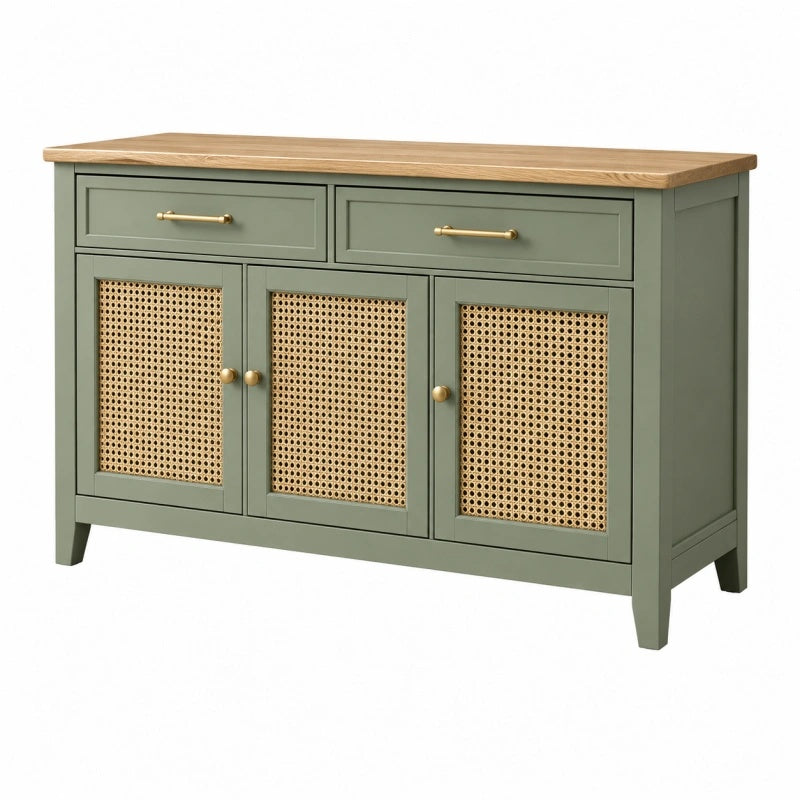 Credenza 120 x 40 x 90 cm in legno verde con ante in rattan stile naturale