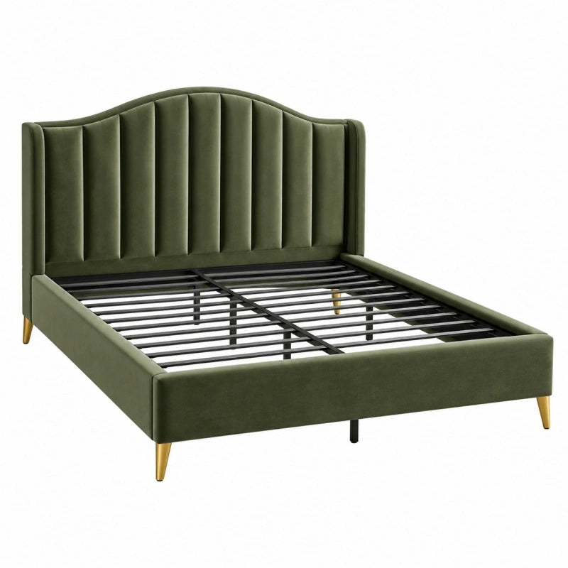 Letto matrimoniale 160 x 200 cm in velluto verde oliva - struttura con rete a doghe stile moderno