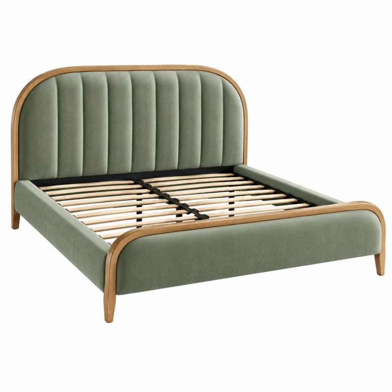 Letto matrimoniale 160 x 200 cm in tessuto verde salvia e legno - rete a doghe stile moderno