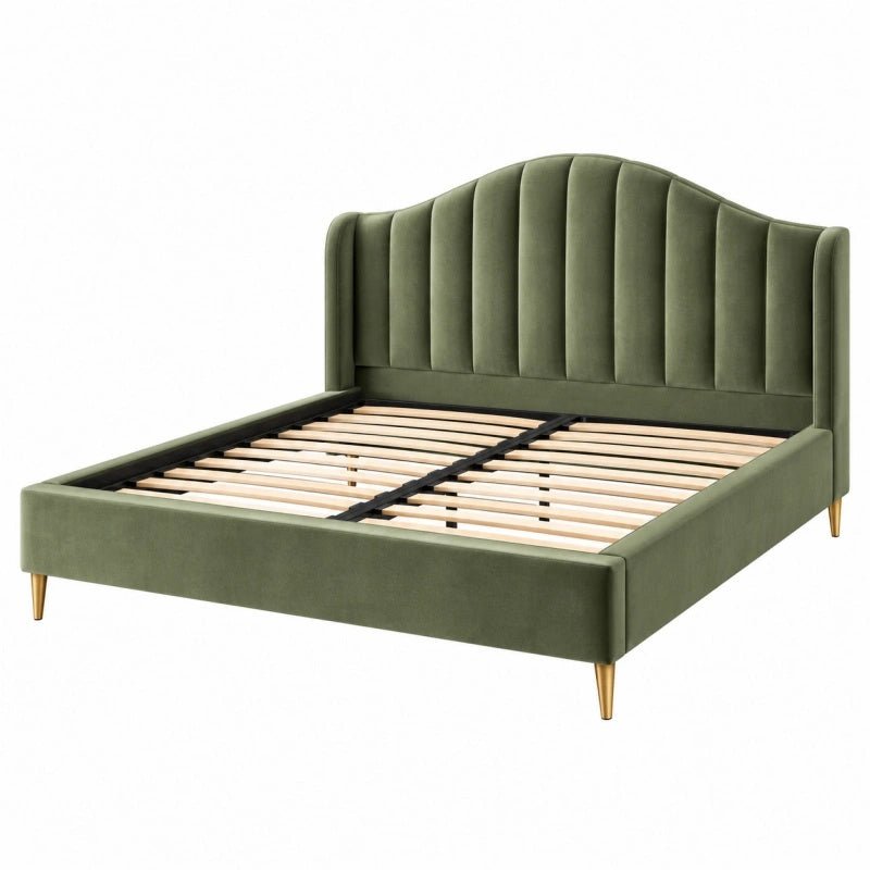 Letto matrimoniale 160 x 200 cm in velluto verde con testiera imbottita stile moderno