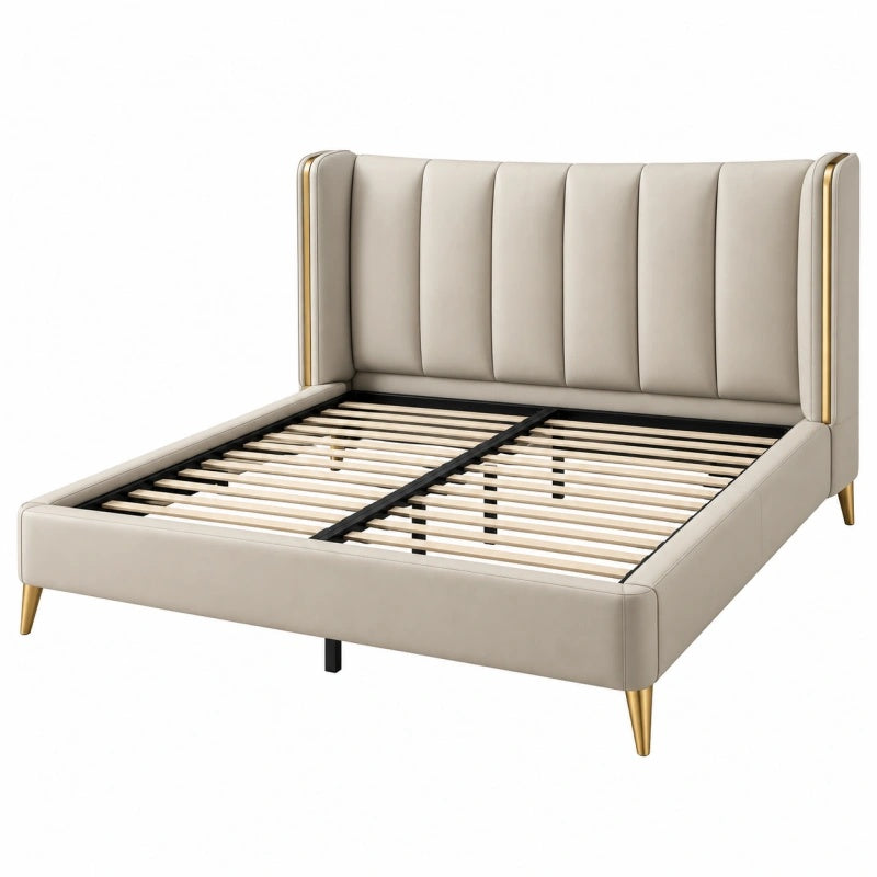 Letto matrimoniale 160 x 200 cm imbottito beige in pelle sintetica con rete a doghe stile moderno