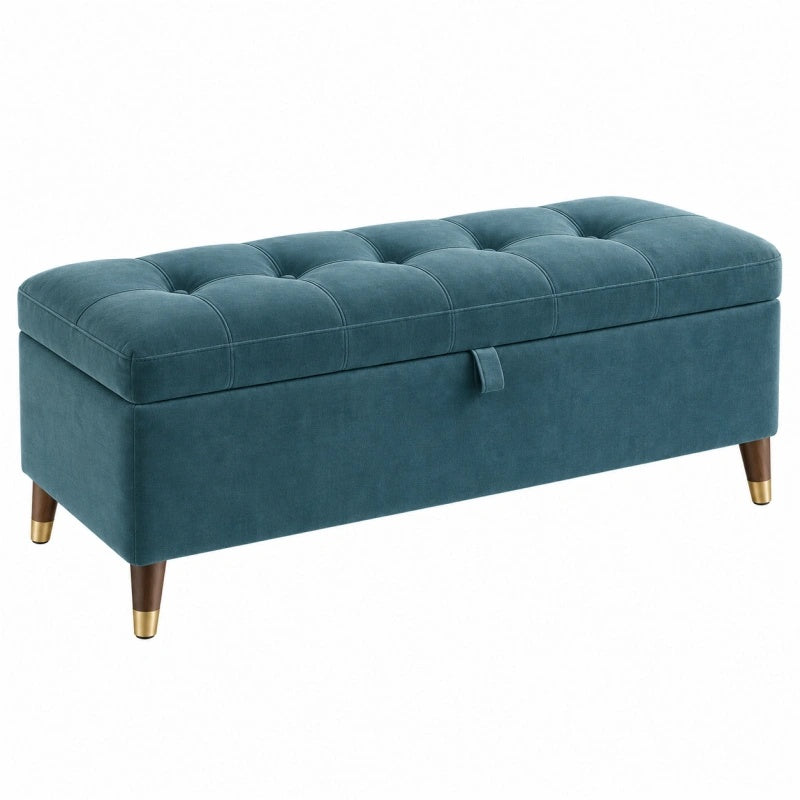 Panca contenitore 120 x 45 x 45 cm in velluto blu petrolio con gambe in legno stile capitonné
