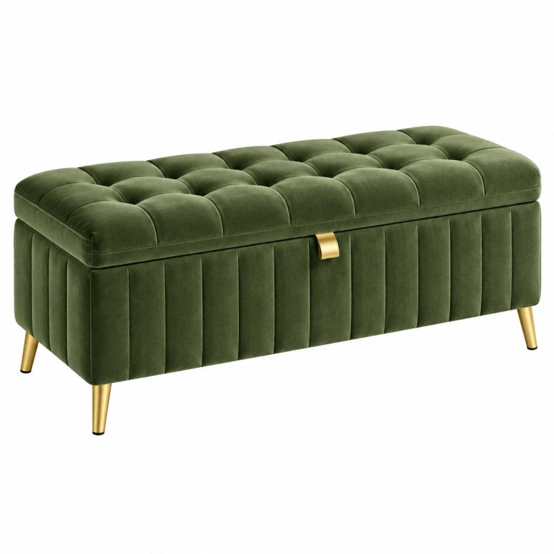 Panca contenitore 100 x 40 x 45 cm in velluto verde con gambe dorate stile moderno