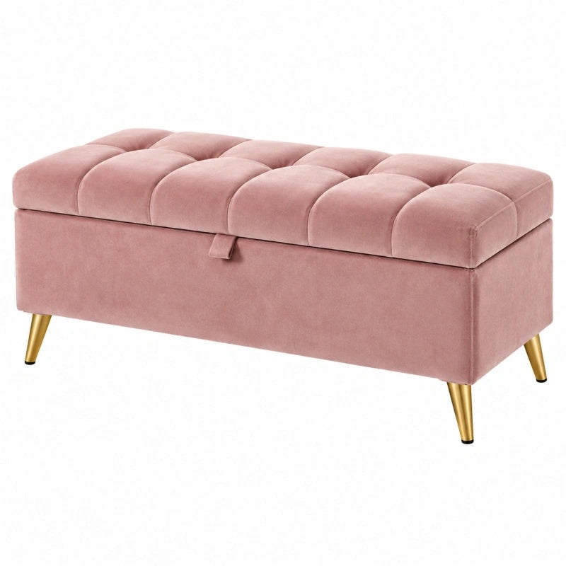 Panca contenitore 110 x 45 x 45 cm in velluto rosa con seduta capitonné e gambe in metallo dorato