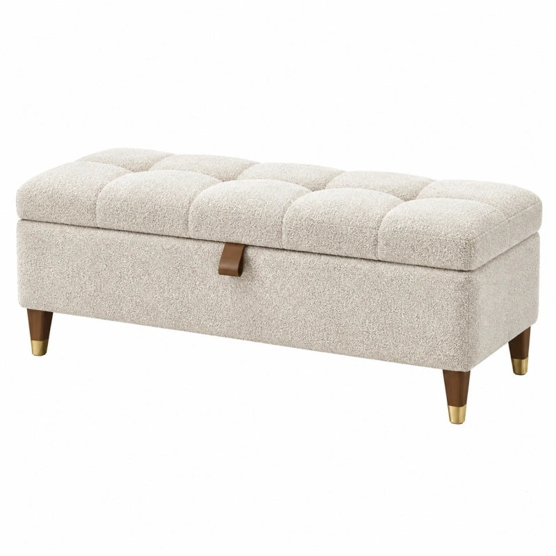 Panca contenitore 110 x 45 x 48 cm in tessuto bouclé beige con gambe in legno stile moderno