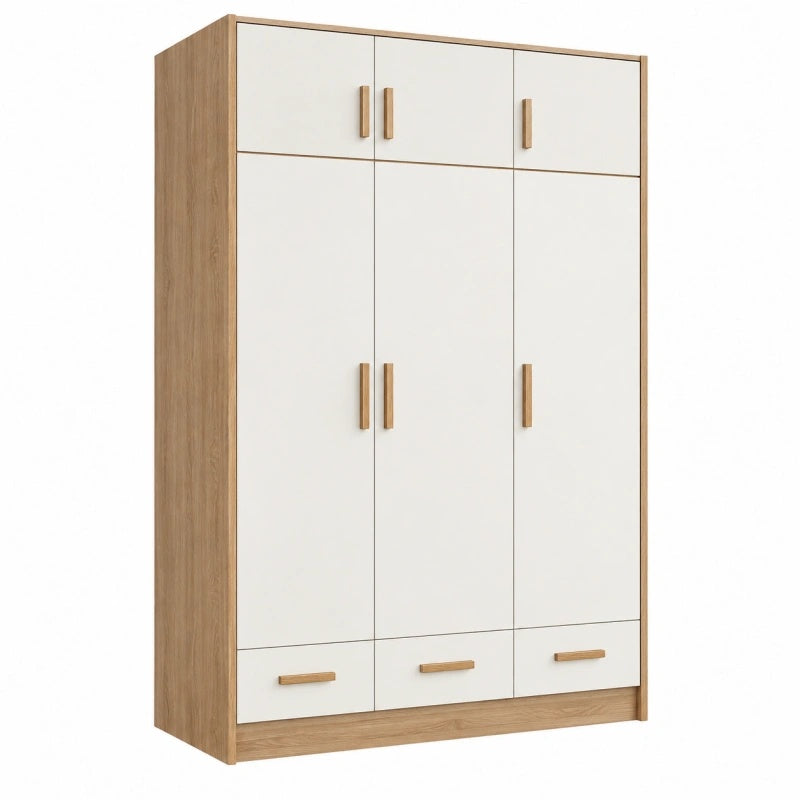 Armadio guardaroba 120 x 52 x 190 cm in legno bianco e rovere con 6 ante e 3 cassetti stile moderno