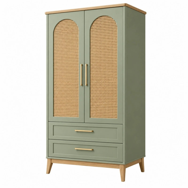 Armadio 90 x 45 x 180 cm in legno verde salvia con rattan - contenitore in stile naturale