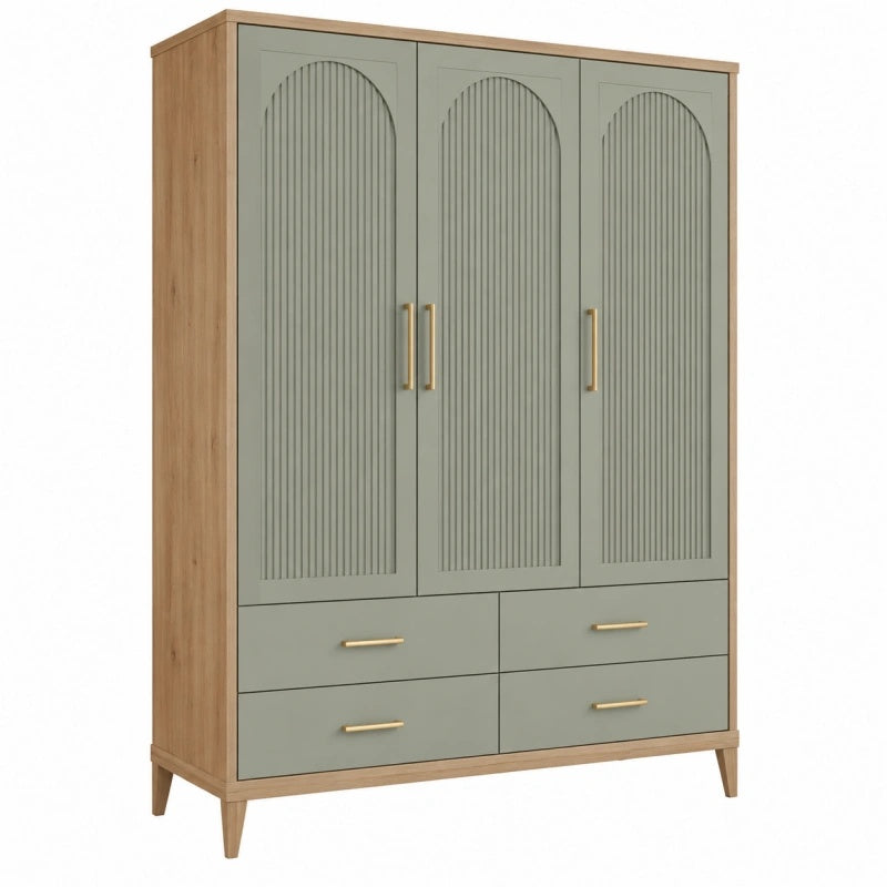 Armadio guardaroba 120 x 52 x 190 cm in pannelli di legno verde salvia e legno naturale con 3 ante e 4 cassetti