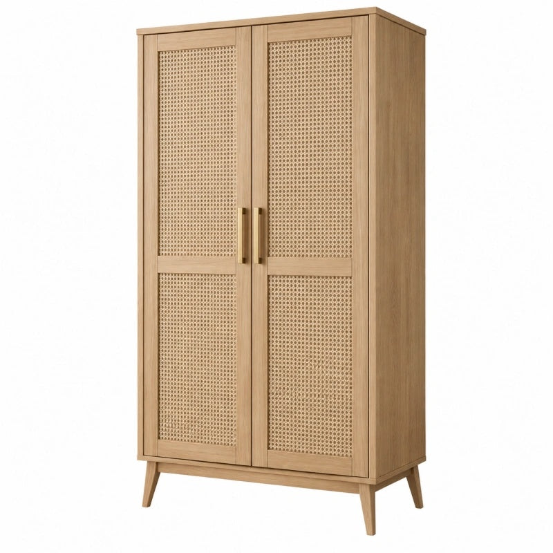 Armadio 90 x 50 x 180 cm in legno color rovere con ante in rattan - stile naturale contenitore