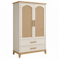 Armadio 90x45x180 cm in legno beige con ante in rattan e cassetti stile naturale