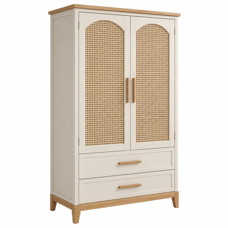 Armadio 90x45x180 cm in legno beige con ante in rattan e cassetti stile naturale