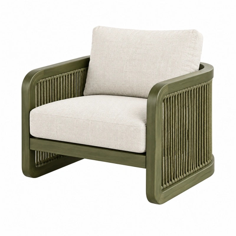 Poltrona 78 x 78 x 78 cm in legno verde oliva con corda intrecciata stile contemporaneo