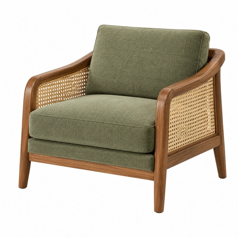 Poltrona 75 x 80 x 82 cm in legno marrone e rattan con rivestimento in tessuto verde stile moderno