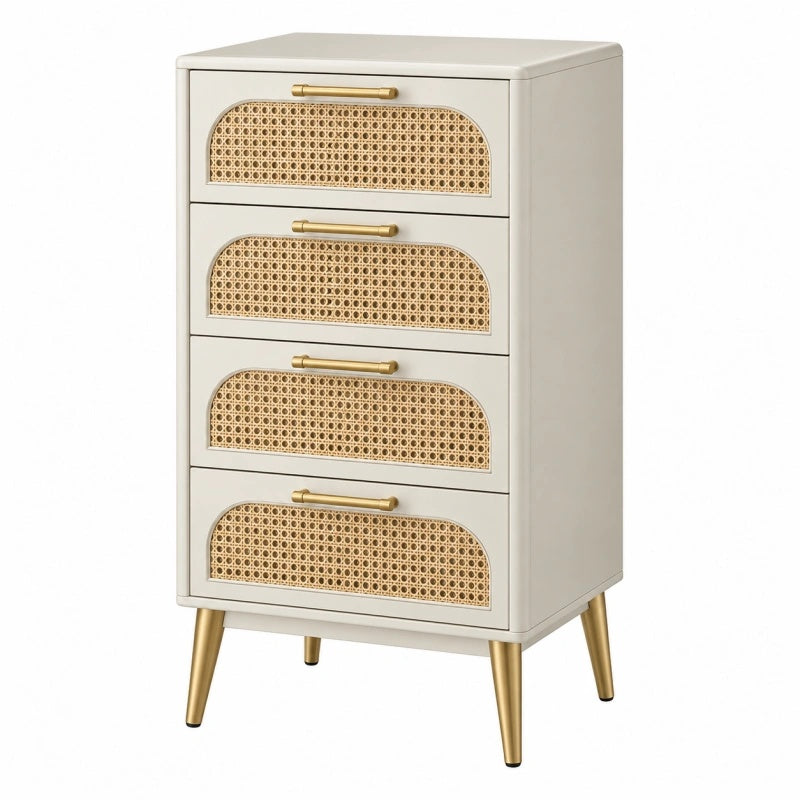 Cassettiera 60 x 40 x 100 cm in legno bianco e rattan a 4 cassetti stile naturale
