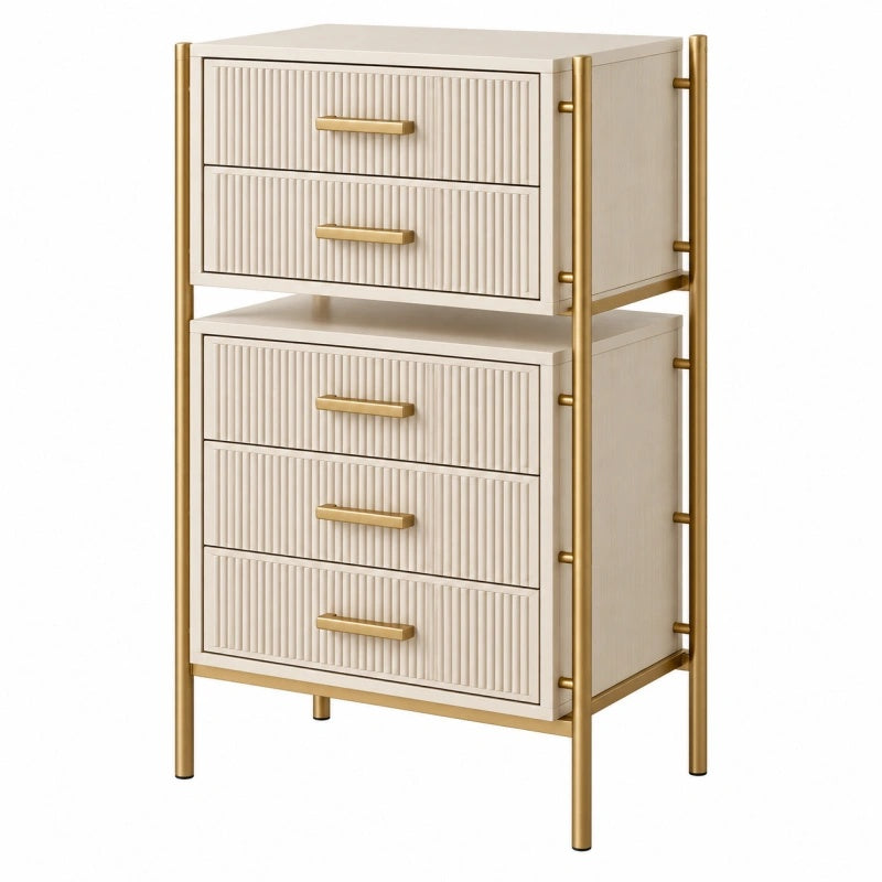 Cassettiera 70 x 40 x 105 cm in legno ingegnerizzato avorio e metallo dorato con 5 cassetti stile moderno
