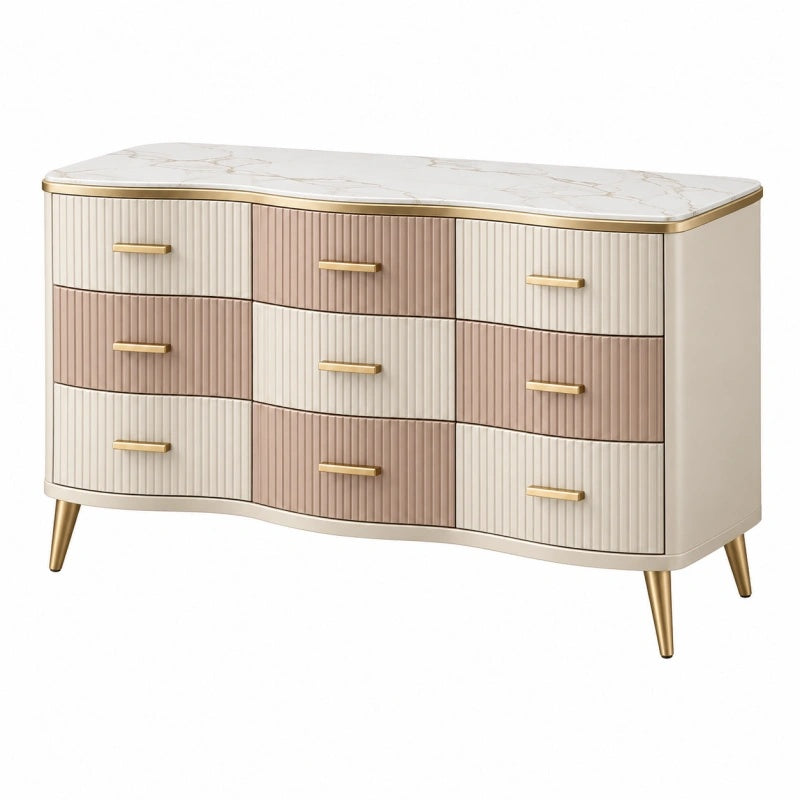 Cassettiera 150 x 45 x 85 cm beige e rosa con piano effetto marmo e 9 cassetti